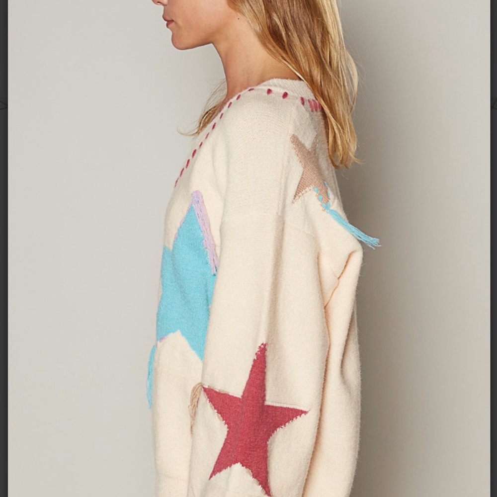 BP27🩵NEW!POL pretty cream v-neck sweater w/amazing star motif+boho dreamy style - Picture 9 of 12